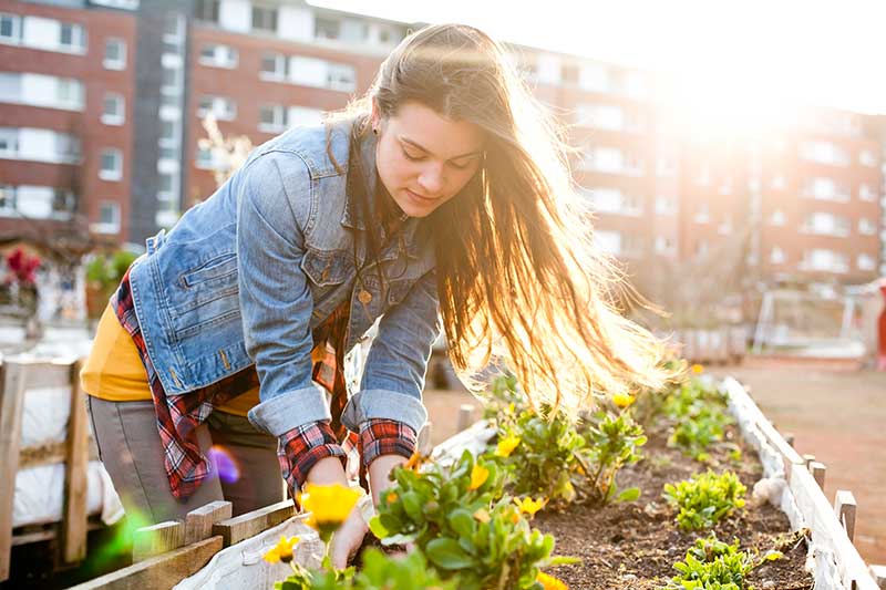 Eine junge Frau bepflanzt in der Stadt einen Blumenkasten.