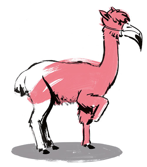 Illustration eines Alpacas mit Flamingoschnabel